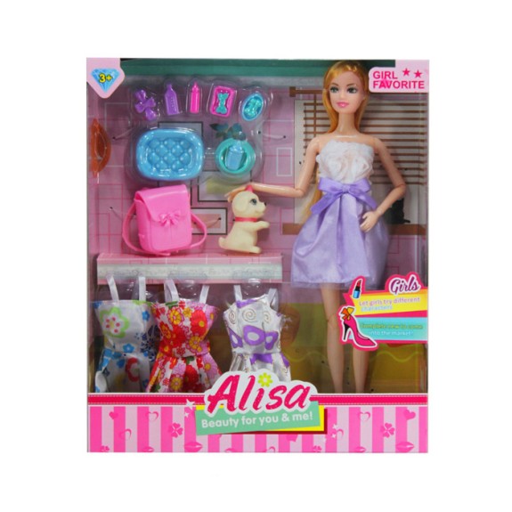 Doll set: Alisa with 3 Dresses